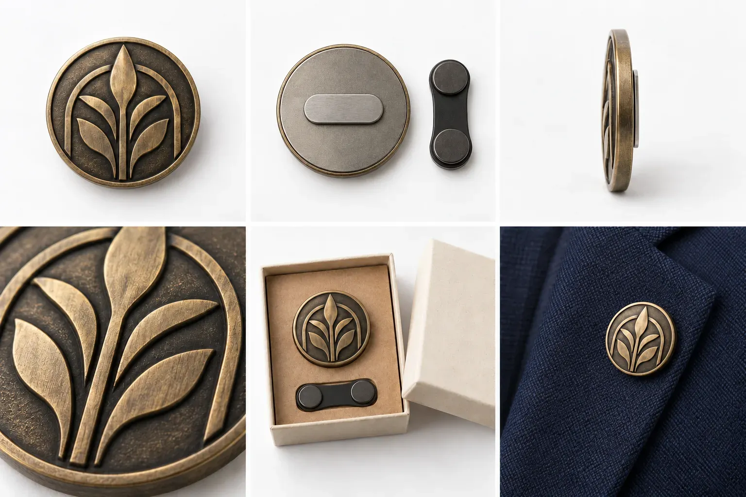 Antique-bronze double-magnet zinc-alloy badge, Ø40 mm – front, magnet back, edge and gift box